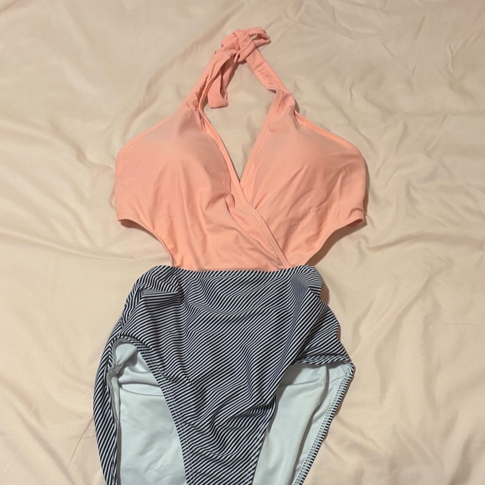 Lavish Peach Halter One-Piece with Black and White Stripe